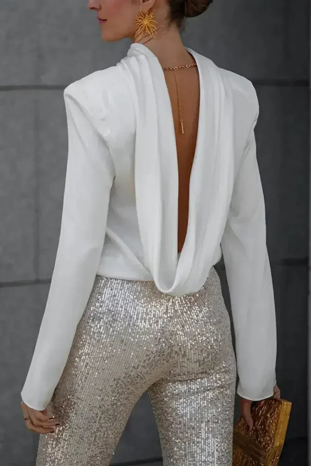 Backless Cowl Neck Long Sleeve Blouse – Elegant & Stylish | Femstylo - SJB-DIAMOND ELITES
