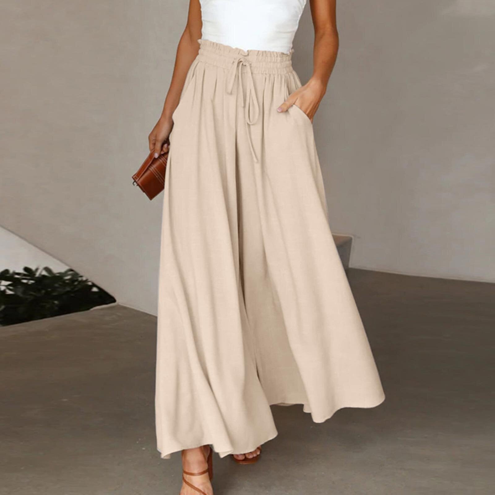 Women's Fashion Wide Leg Elastic Waistband Wide Leg High Waist Long Dress Pants Pi-Mart