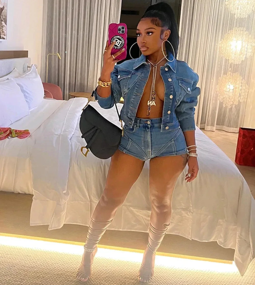 Women Two Piece Set Denim Shorts Sets Summer Matching Sets Outfit Trendy Button Turn Down Neck Jeans Top High Waist Trousers Purplish Diva