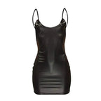 Sexy Faux Leather Dress Backless Club Party Short Dress Solid Black Wet Look Latex Bodycon Push Up Bra Mini Micro Dress Purplish Diva