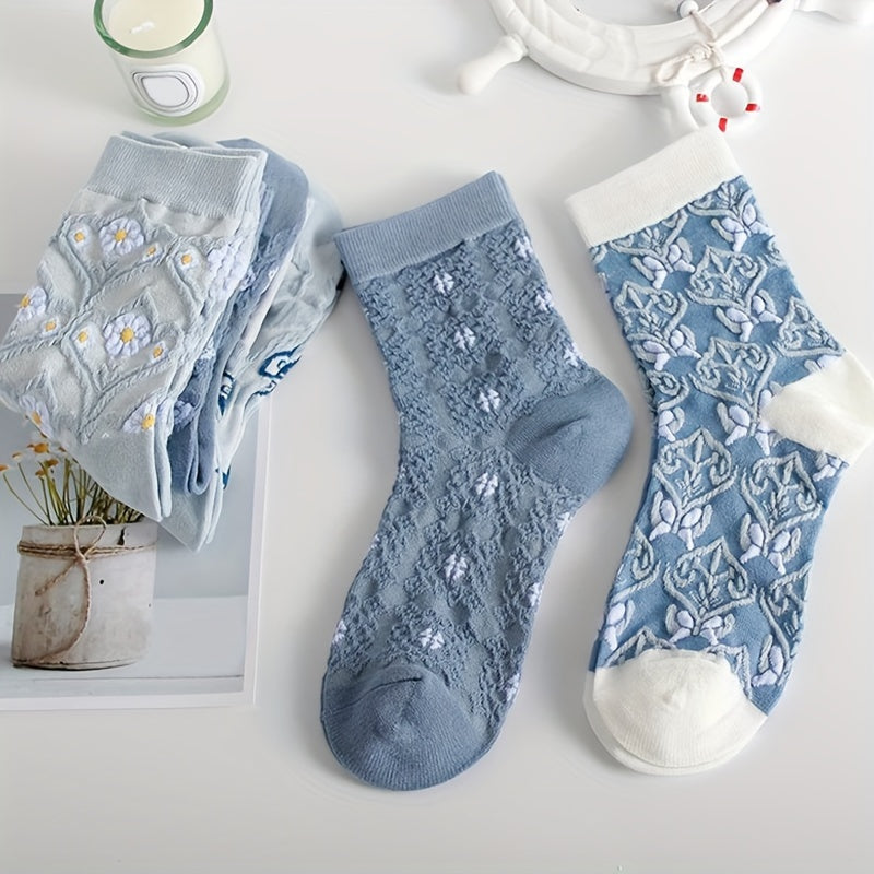 5 Comfy Cartoon Flower Pattern Knitted Socks, Breathable Soft Crew Socks For Outdoor Wearing Lootquake LLC