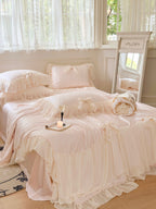 Pure Color Ruffles Princess Style Summer Quilt Tencel Summer Cooling Duvet Airable Cover Four-piece Set Pi-Mart