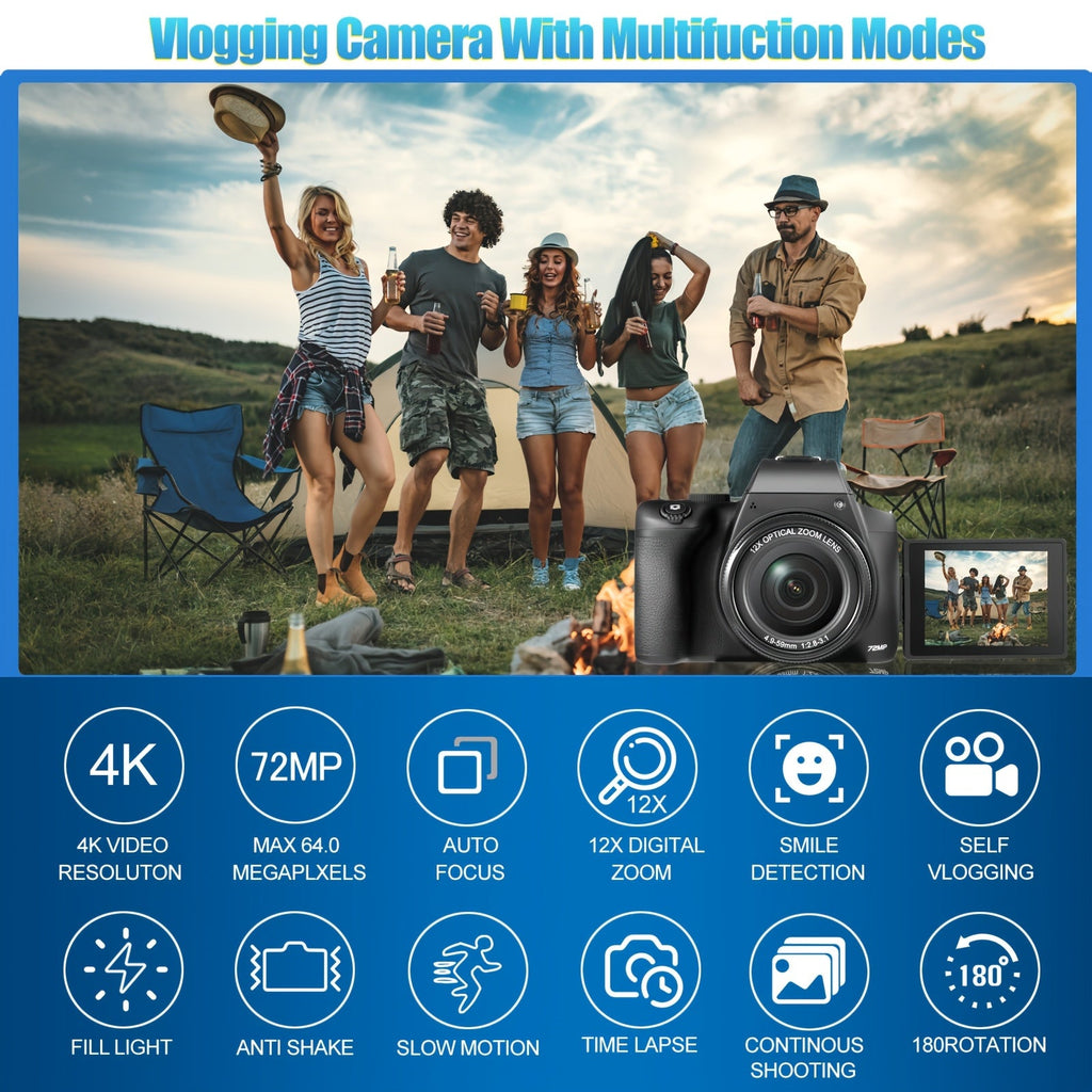 4K Digital Camera For Photography - 12X Optical Zoom 72MP Vlogging Camera For YouTube With 3" 180° Flip Screen, Autofocus Compact Camera With Battery, 64GB SD Card, USB Card Reader & Charging Stand Lootquake LLC