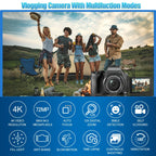 4K Digital Camera For Photography - 12X Optical Zoom 72MP Vlogging Camera For YouTube With 3" 180° Flip Screen, Autofocus Compact Camera With Battery, 64GB SD Card, USB Card Reader & Charging Stand Lootquake LLC