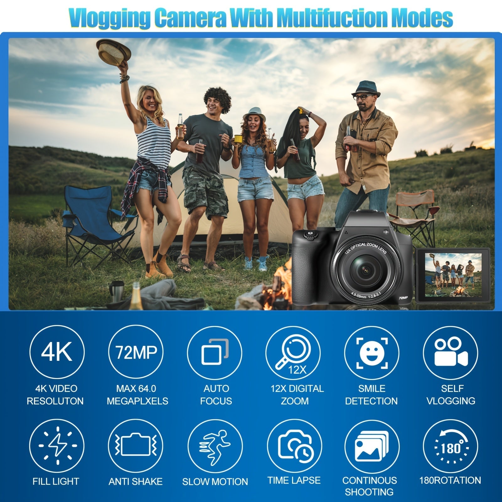 4K Digital Camera For Photography - 12X Optical Zoom 72MP Vlogging Camera For YouTube With 3" 180° Flip Screen, Autofocus Compact Camera With Battery, 64GB SD Card, USB Card Reader & Charging Stand Lootquake LLC