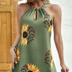 Ladies' Neck Hanging Sunflower Butterfly Print Hollow Sleeveless Casual Dress - SJB-DIAMOND ELITES