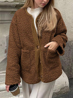 Modern Cozy Women Luxuriously Cozy Contrast Button Up Sherpa Jacket with Pockets For Fall & Winter Stevvex