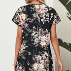 Ladies' Batwing Sleeve Floral Print Waist With Casual Pullover Round Neck Short Sleeved Skirt - SJB-DIAMOND ELITES