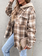 Vintage Retro Style Women Camel Plaid Button Up Jacket with Removable Hood Classic & Cozy Everyday Wear Stevvex