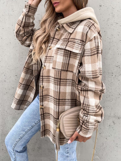 Vintage Retro Style Women Camel Plaid Button Up Jacket with Removable Hood Classic & Cozy Everyday Wear Stevvex