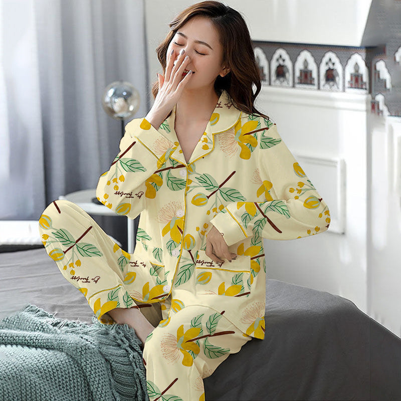 Elegant Women's Autumn And Winter Cotton-like Long Pajamas Two-piece Set Pi-Mart