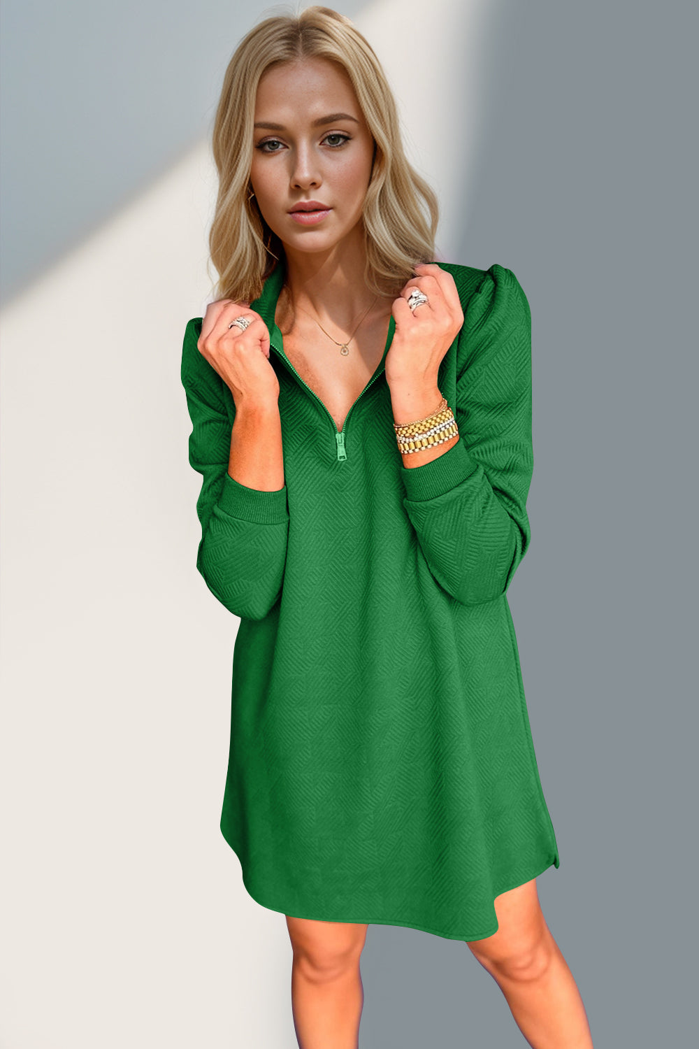 Double Take Textured Zip Long Sleeve Dress Classic Zip-Up Dress for Women Comfortable Outdoor Dress Stevvex