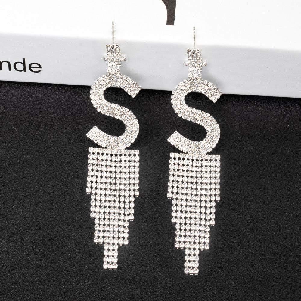 Fashion Jewelry 925 Silver Needle Ornaments Rhinestone Letter B Earrings Banquet Tassel Ear Ornaments Female Pi-Mart