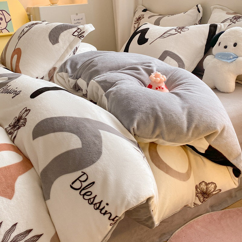 Winter Thickening Milk Fiber Bed Four-piece Coral Velvet Quilt Cover Flange Double-sided Bed Sheet Three-piece Bedding Pi-Mart