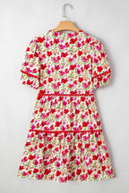 Red Floral Puff Sleeve Tiered Ric Rac Pocketed Mini Dress