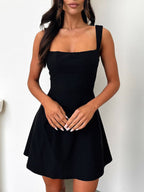 Dark Blue Bow Back Square Neck Mini Dress Luxury Feminine & Flattering Dress For Girls Stevvex