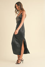 Embroidered Cami Satin Midi Slit Dress – Satin Dress, Sexy, Flattering, Embroidered Dress, Cami Style Dress, Midi Dress, Slit Detail Dress, Elegant Satin Dress Stevvex
