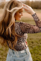 Brown Leopard Print Mesh Bodysuit Smocked Neck - Femstylo