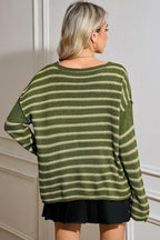 Brown Stripe Casual Round Neck Drop Shoulder Sweater