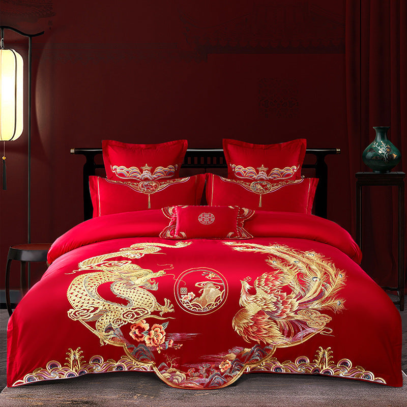 Red Wedding Four-piece Set Wholesale Cotton Wedding Embroidery Bedding Pure Cotton Marriage Bed Xi Quilt Cover Dragon And Phoenix Pi-Mart