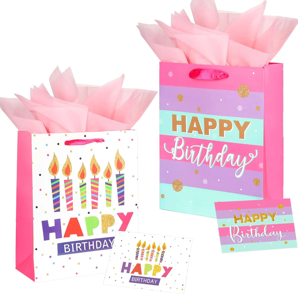 Dimetey 2 Pack 12.6" Large Gift Bag with Tissue Paper and Happy Birthday Card for Birthdays (Pink) Pi-Mart