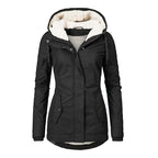 Winter Hooded Jacket Solid Color Warm Buckle Zip-up Fleece Jacket With Pockets Women's Casual Jacket Pi-Mart