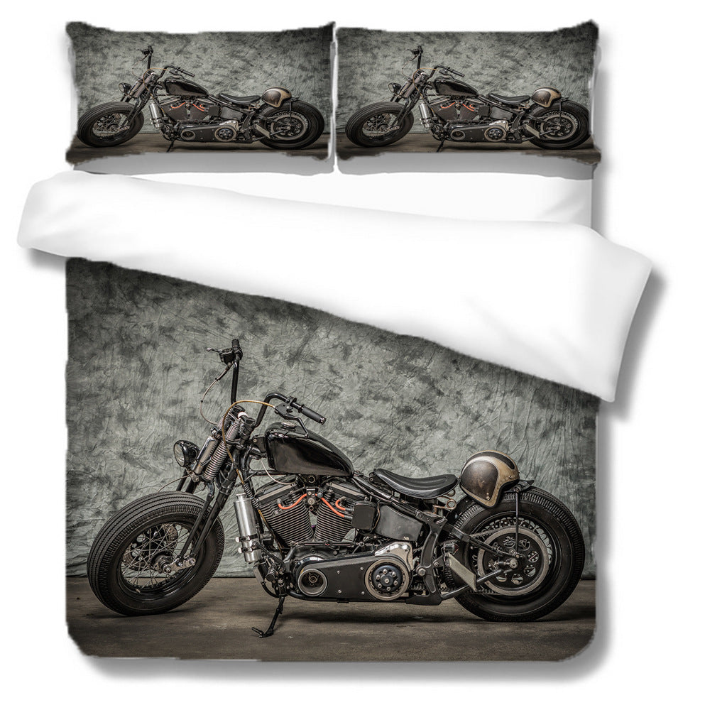 Dark Retro Motorcycle Quilt Cover Three-piece Set Pi-Mart