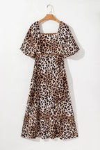 Brown Leopard Print Puff Sleeve Ricrac Maxi Dress