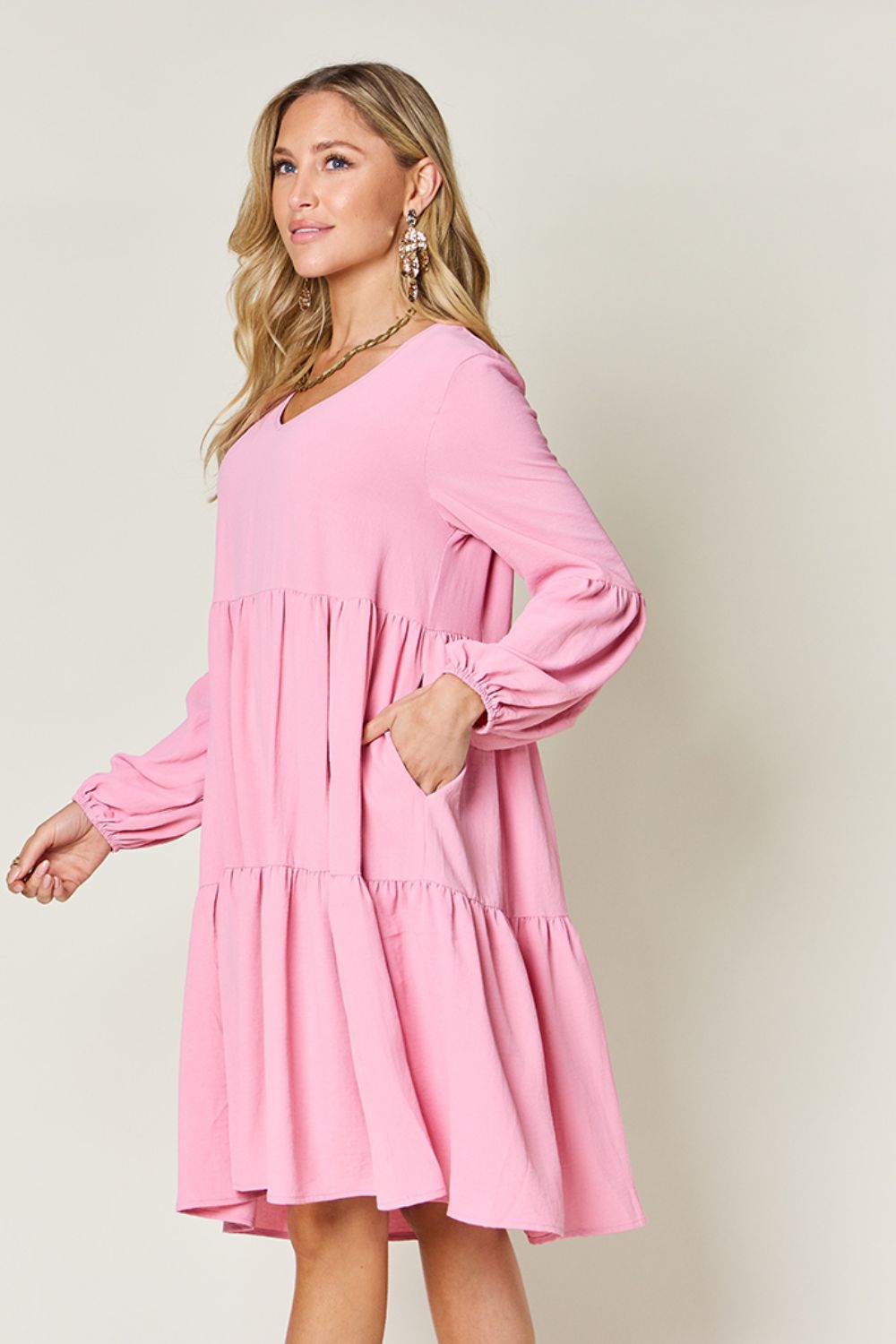 Light Green Double Take Full Size V-Neck Sleeve Tiered Dress with Pockets Elegant & Comfortable Casual Dress Stevvex