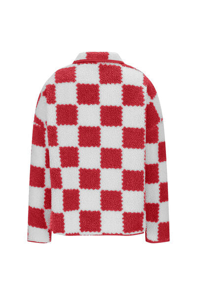 Elegant Checkered Snap Down Long Sleeve Teddy Jacket Soft & Warm Colorful Jacket Stevvex