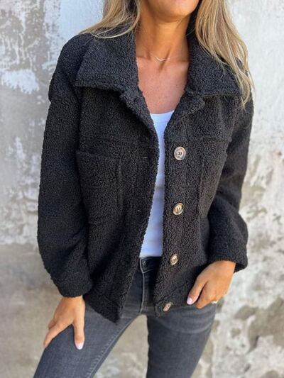 Comfortable Modern Women Full Size Fuzzy Button-Up Jacket with Drop Shoulder and Pockets Stevvex