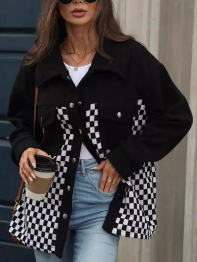 Black Checkered Snap Down Long Sleeve Jacket Stylish & Functional Buttoned Outerwear Stevvex