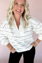 White Striped Zipper V-Neck Drop Sleeve Top