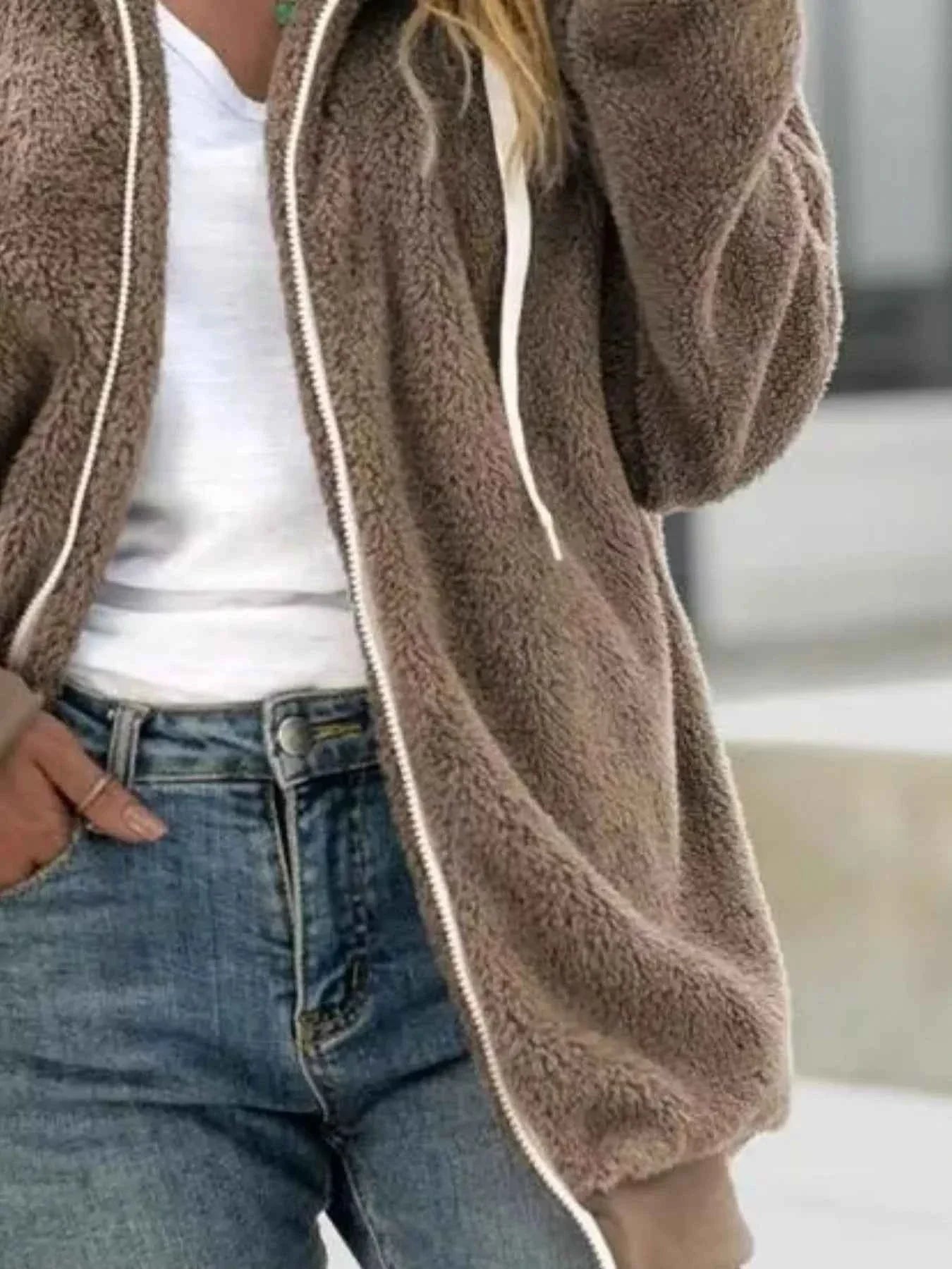 Full Size Cozy Fleece Zip-Up Hooded Jacket Plus Size THRIXINE