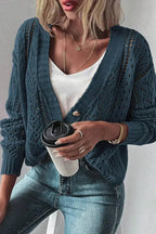 Dark Khaki Cardigan – Open Knit Drop Shoulder Sweater | Cotton-Acrylic Blend