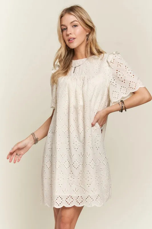 Ruffled Eyelet Round Neck Summer Dress For Women – Elegant Feminine Eyelet Dress with Ruffled Details for Garden Parties & Special Occasions Stevvex