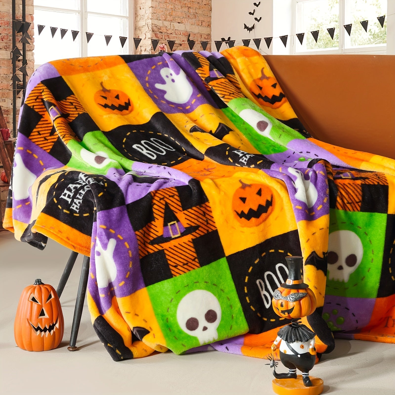 1pc Halloween Fleece Throw Blanket, Bat, Ghost Fall Plaid Blanket, Soft Fuzzy Plush For Couch Sofa Or Bed, Luxury Flannel Lap Blanket Lootquake LLC