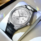 Women's Leather Strap Crystal Bezel Watch Rose Gold Luxury
