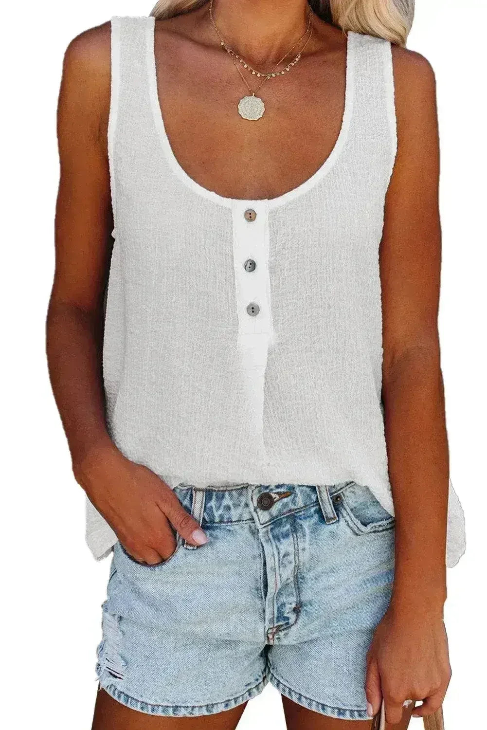 Button Textured Cotton Tank Top - SJB-DIAMOND ELITES