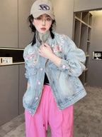Spring Autumn Short Denim Jacket 2025 New Women's Embroidery Denim Outwear Chinese Style Women Denim Coat Women Loose Jeans Coat Purplish Diva