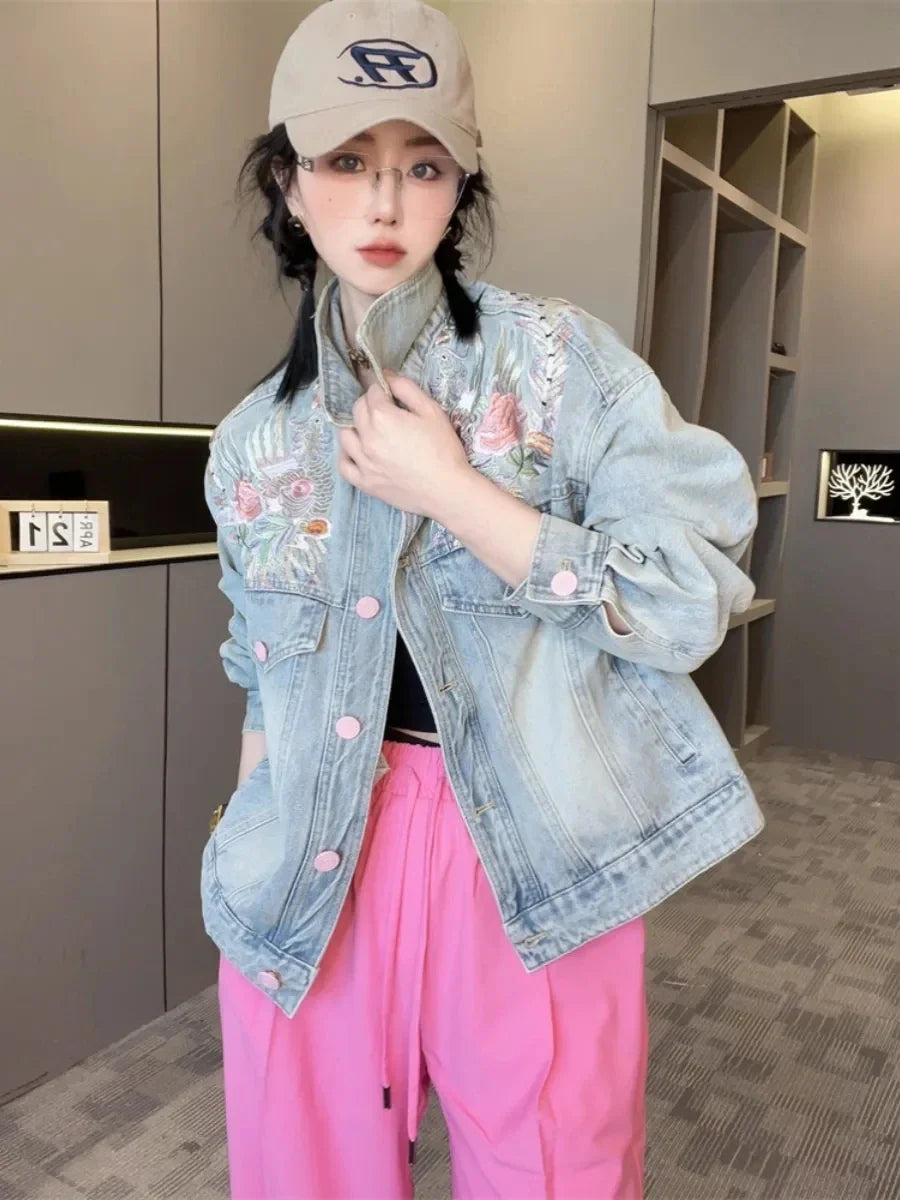 Spring Autumn Short Denim Jacket 2025 New Women's Embroidery Denim Outwear Chinese Style Women Denim Coat Women Loose Jeans Coat Purplish Diva