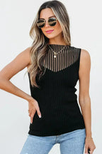 Black Mesh Cutout Knit Vest - Edgy Ribbed Design | Femstylo