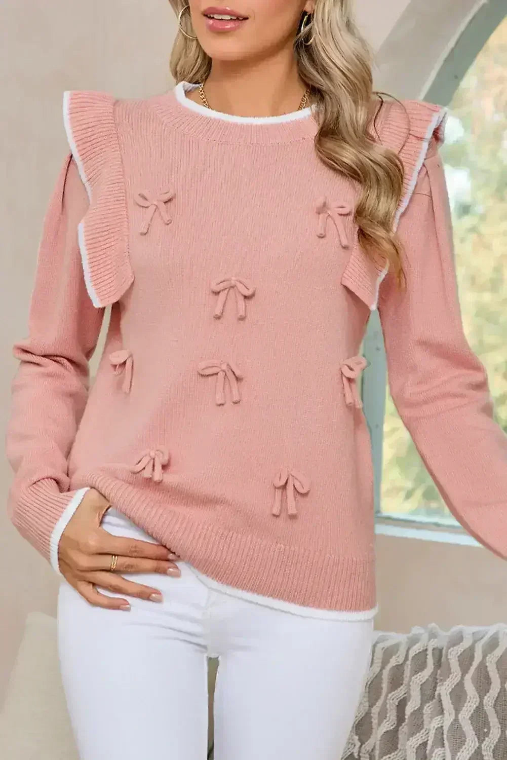 Light Pink Bow Detail Contrast Trim Ruffle Sweater