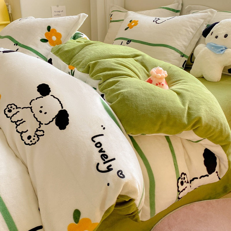 Winter Thickening Milk Fiber Bed Four-piece Coral Velvet Quilt Cover Flange Double-sided Bed Sheet Three-piece Bedding Pi-Mart