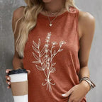 Women's Round Neck Simple Plant Print Versatile Fashion Vacation Style Vest Top - SJB-DIAMOND ELITES