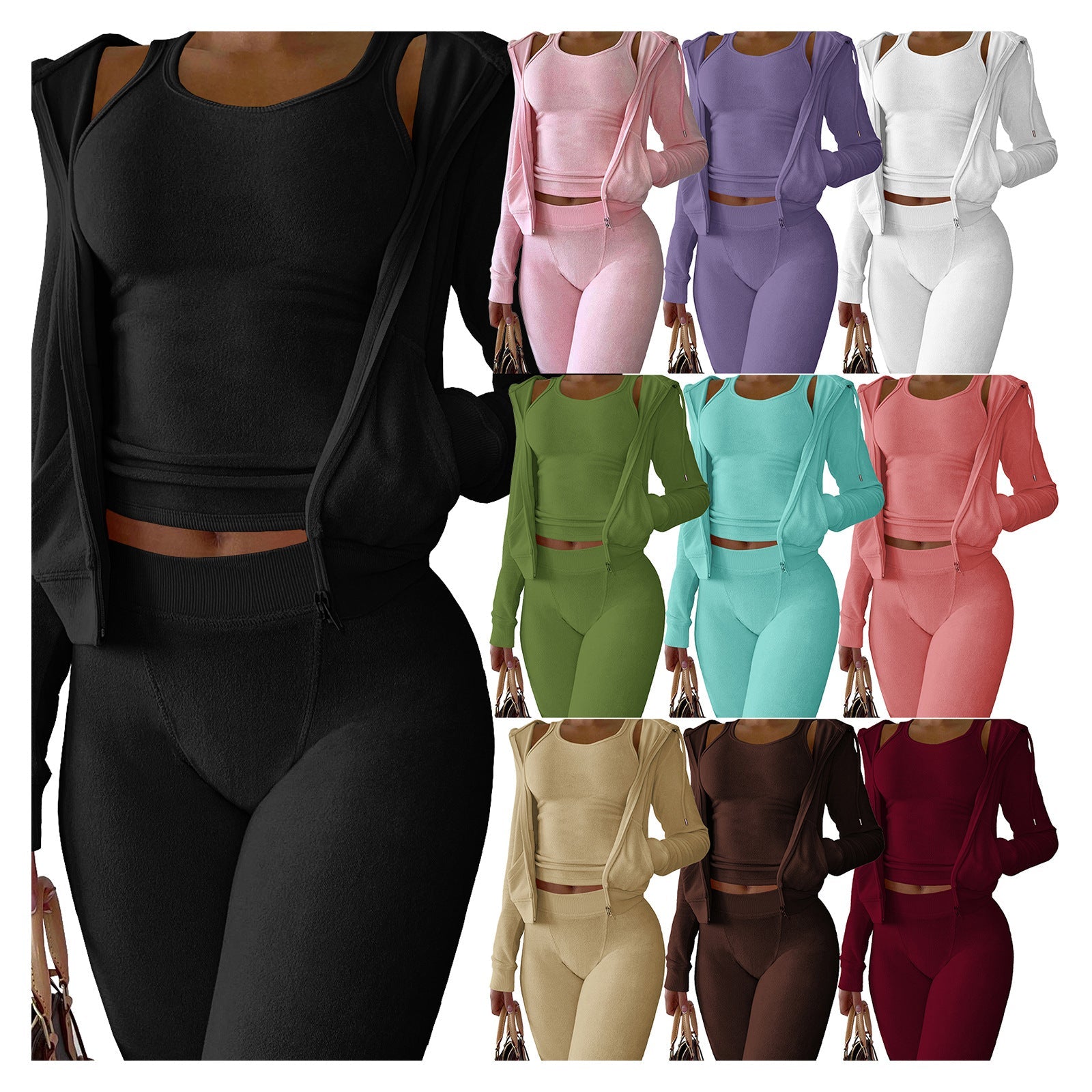 Women's Clothing Autumn And Winter Double-sided Velvet Hooded Vest Three-piece Set
