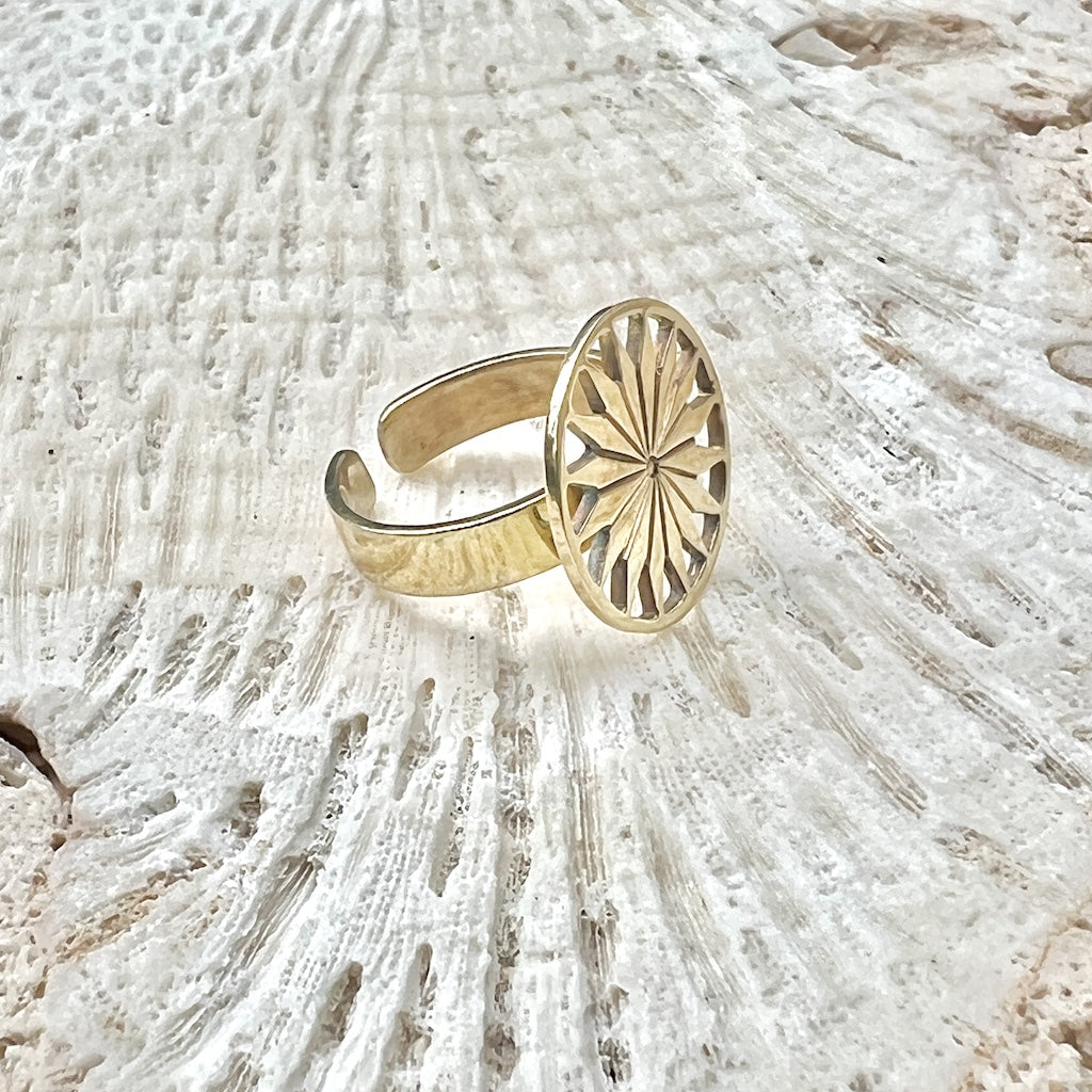 Cambodian Sunshine Ring Recycled Bombshell Brass Minimalist Peaceful Gold BandsCo Straps