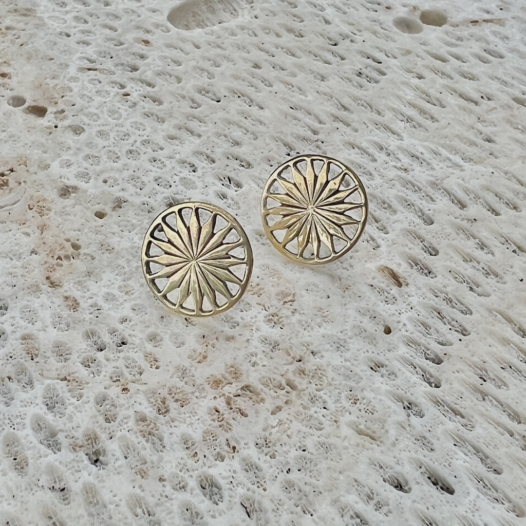 Cambodian Sunshine Stud Earrings Recycled Bombshell Brass Minimalist Sun Studs BandsCo Straps