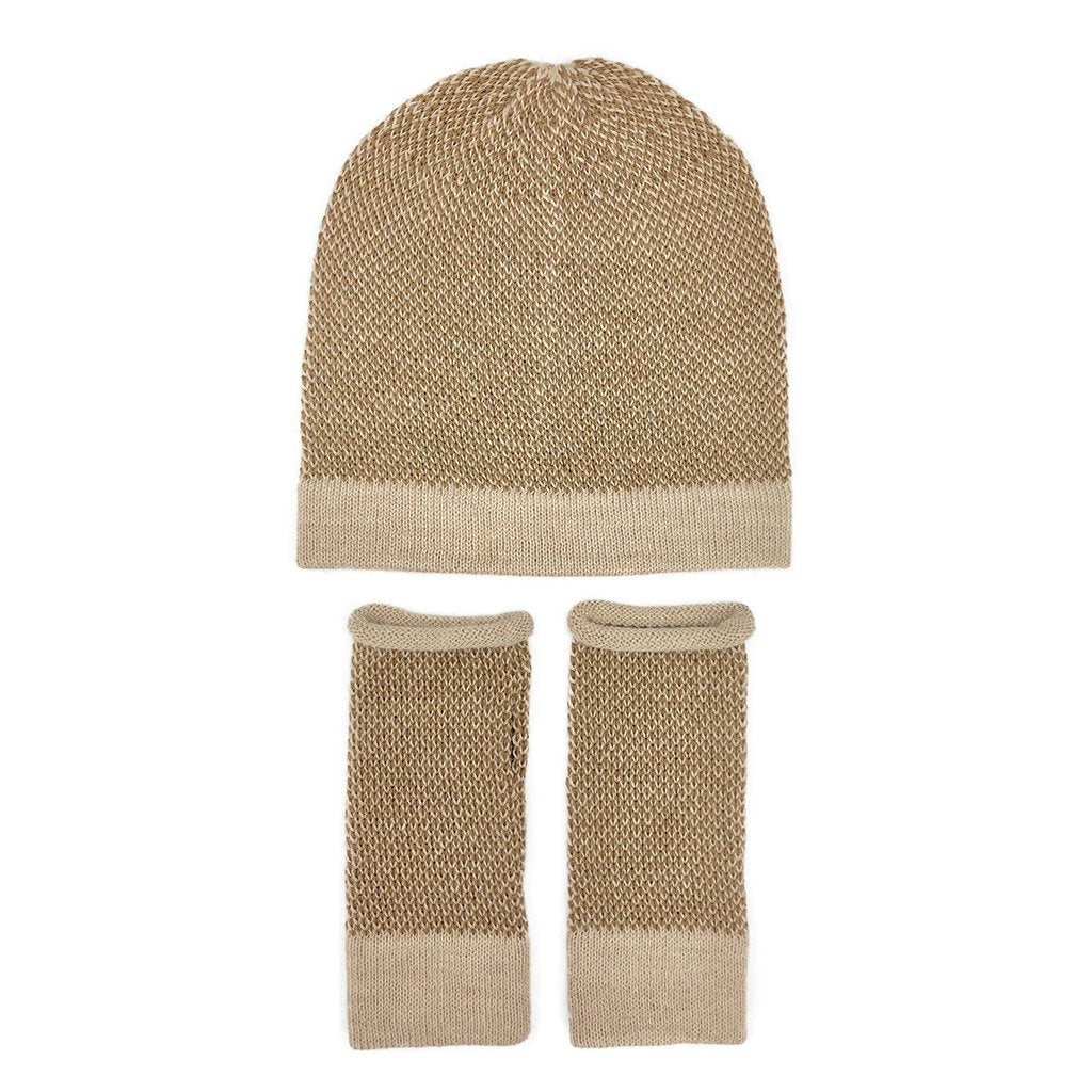 Fingerless Alpaca Gloves Camel Interwoven Long Wrist Warmers With Thumb Slit BandsCo Straps