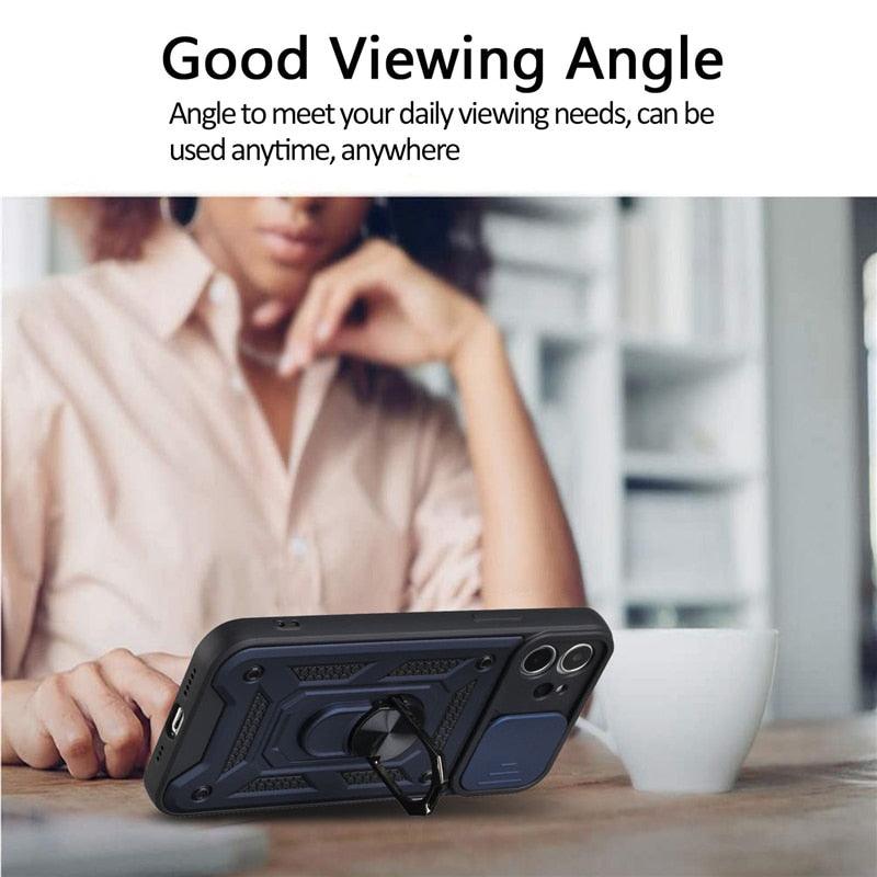 Camera Protection Shockproof Armor Case For iPhone 12 13 14 Pro Max Cover Men Cool  Woman Camera Cover And Stand Sliding Lens Protection Rotating Ring Mount  Shock Resistant Shockproof Protective Bumper Stevvex